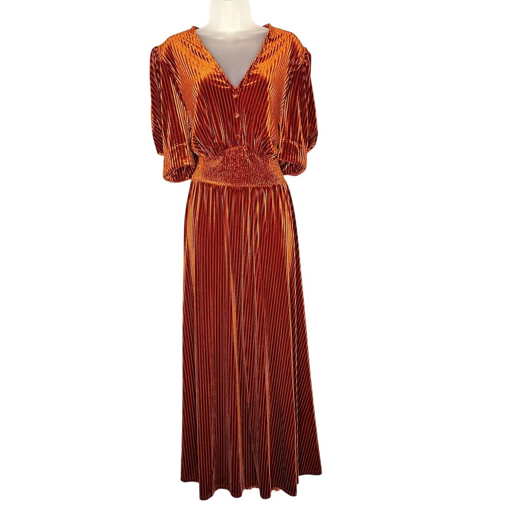 Velvet Smocked Maxi Dress 24W 3X Rust Full Sweep Fall 40s Retro Pinup Fashion